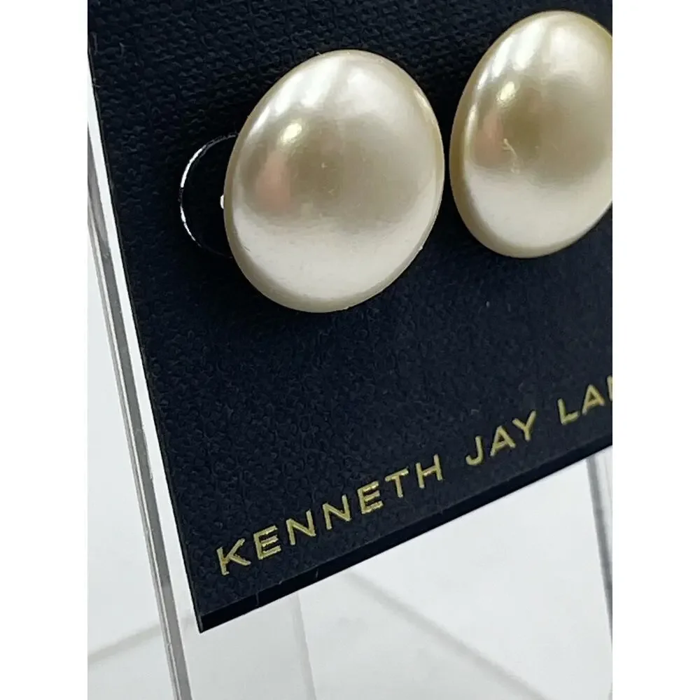 Kenneth Jay Lane KJL‎ Silver Tone Round Faux Pearl Ivory Pierced Stud Earrings - Picture 4 of 13